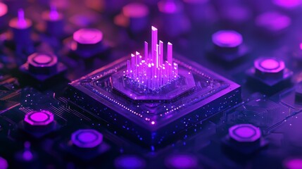 Abstract digital city nestled within a futuristic circuit board.