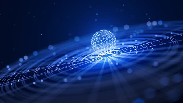 Looped Sci Fi animation of a glowing digital sphere over futuristic blue grid waves, symbolizing technology, AI, data flow, and innovation in a cosmic style.
