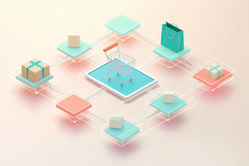 Fototapeta premium Isometric 3D Grid with Tablet, Shopping Cart, Package, and Connecting Nodes in Pastel Colors