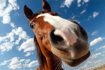 Fototapeta premium Close-up of curious horse against a vibrant blue sky with clouds