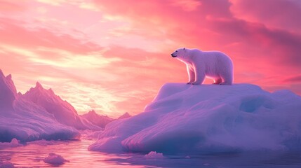 Polar bear stands atop an iceberg, silhouetted against a vibrant pink and purple sunset sky.