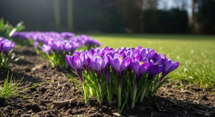 Vibrant Purple Crocuses Bloom in Soft Morning Sunlight on a Lush Green Lawn