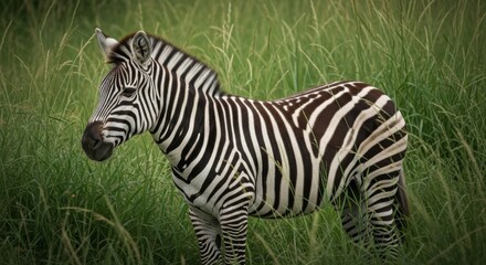 Fototapeta premium A zebra standing in tall green grass in a field on a sunny day in africa in the wild nature habitat
