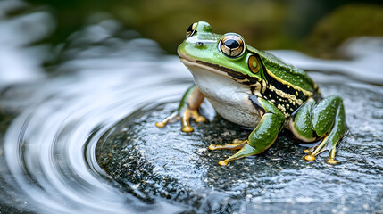 Green frog on stone by water