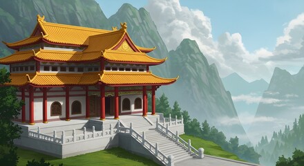 Obraz premium Traditional Chinese temple with golden roof in mountain landscape illustration