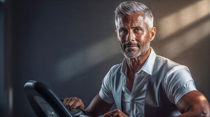 Elderly man exercising on bicycle in modern gym with dim lighting  