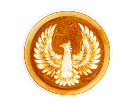  Close-Up of Finished Phoenix Latte Art in Ceramic Coffee Cup, Transparent PNG