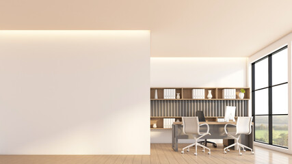 Empty room with manager's desk and chair set, wooden slat wall and built-in wooden cabinet. 3d rendering