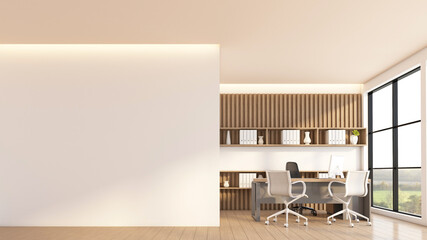 Empty room with manager's desk and chair set, wooden slat wall and built-in wooden cabinet. 3d rendering