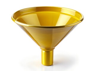 A shiny golden funnel with a wide opening and a narrow stem, isolated on a white background
