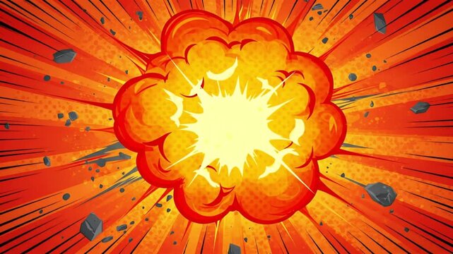 Cartoon explosion with red orange and yellow colors radial lines and debris