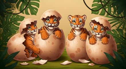 Obraz premium Cute baby tiger cubs hatching from giant egg in jungle fantasy concept