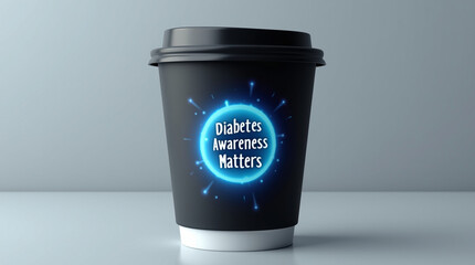 Diabetes awareness matters is a concept for promoting health and wellness, featuring a coffee cup with a blue circle and text, symbolizing the importance of managing diabetes and blood sugar levels