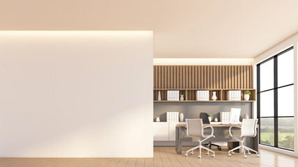 Empty room with manager's desk and chair set, wooden slat wall and built-in wooden cabinet. 3d rendering