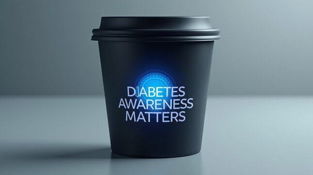 A conceptual image highlighting the importance of diabetes awareness, featuring a dark coffee cup with the message diabetes awareness matters displayed prominently, emphasizing the need for education