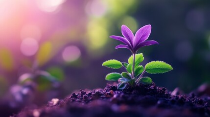 A vibrant purple flower seedling emerges from dark soil, bathed in soft, warm sunlight.