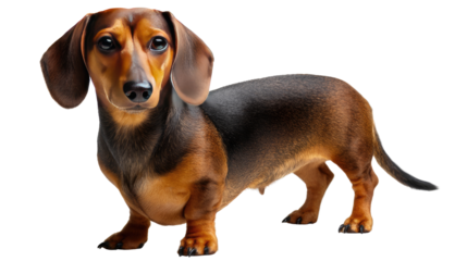 Dachshund Portrait: A regal Dachshund stands in studio, its sleek coat gleaming under soft light and casting a gentle shadow on the seamless background.
