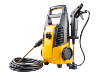 Yellow and black pressure washer with hose and spray gun isolated on transparent background