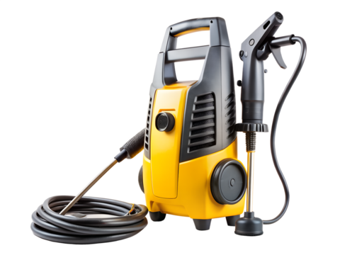 Yellow and black pressure washer with hose and spray gun isolated on transparent background