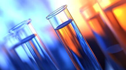 Blue liquid in lab test tubes, scientific research experiment scene