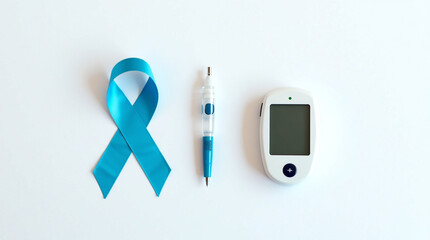 Diabetes awareness set isolated on white background featuring a blue ribbon, pen, and glucose meter, symbolizing the importance of monitoring and managing blood sugar levels for health
