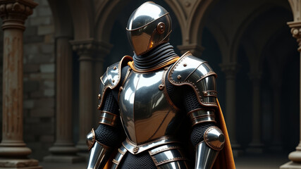 Fototapeta premium Futuristic armored knight in steel suit standing in ancient hallway