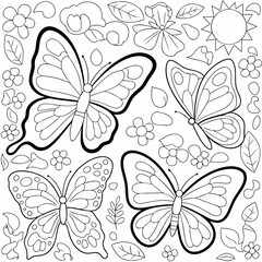 Delightful butterflies and floral elements in a coloring book style design, perfect for artistic projects and educational materials