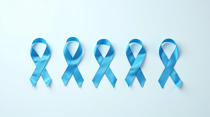 Five light blue ribbons arranged in a row on a white background, symbolizing prostate cancer awareness and support for those affected by the disease isolated on white background