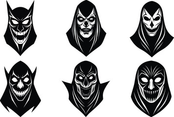 Set of Halloween Mask Black Vector Silhouettes Perfect for Horror and Costume Party Designs