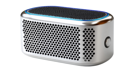 Modern Portable Speaker: A sleek, silver portable speaker with a grid-like exterior and a minimalist design, showcasing modern audio technology and style.