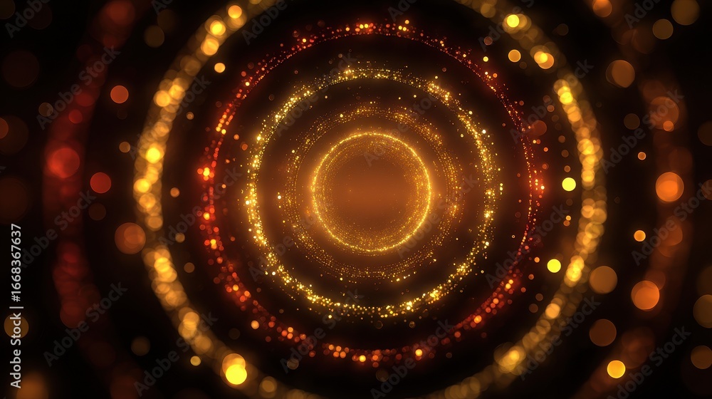 Poster glittering golden rings of light create a mesmerizing tunnel effect in a dark background, perfect fo