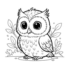 Fototapeta premium Cute cartoon owl with big eyes surrounded by leaves, ideal for children's books, educational materials, or playful designs that bring joy