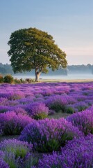 Lavender Field with Solitary Tree at Sunrise