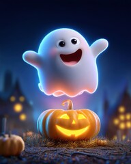 Cute 3D Ghost Floating Above Glowing Pumpkin on Halloween Night.
