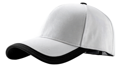 Baseball Cap: A classic white baseball cap with black trim, offering a clean and versatile aesthetic for everyday wear.