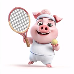 Playful 3D Pig with Tennis Racket and Ball on White Background