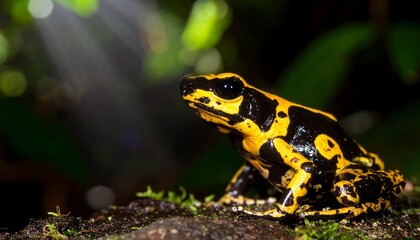 Fototapeta premium Close-up of a vibrant yellow and black poison dart frog, perched on a mossy, dark substrate, with a blurred, verdant background.