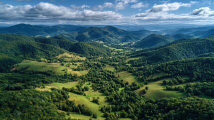 Aerial view of lush green hills and valleys in the Appalachian Mountains during the summer