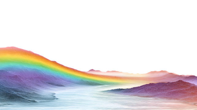 Vibrant rainbow over calm river valley