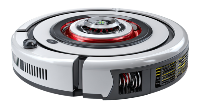 Modern Cleaning Marvel: This image presents a sleek and innovative robotic vacuum cleaner, designed for effortless floor care and showcasing the forefront of automated home technology.