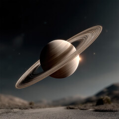 Surreal Saturn planet with detailed rings floating above desert road, cosmic atmosphere, dreamy and mysterious mood
