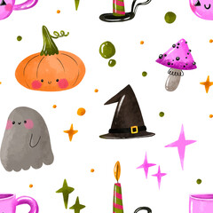 Happy Halloween seamless pattern. Scary design for kids. Baby cartoon pattern on isolated background