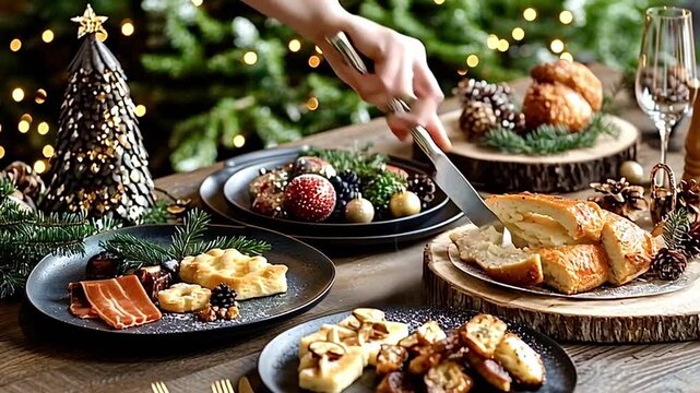 Woman slicing christmas bread on festive table
