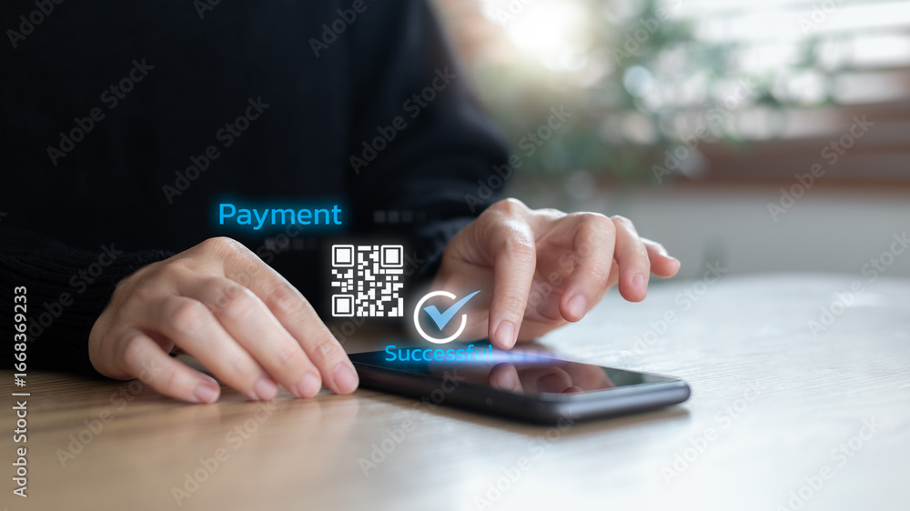 Poster close-up hand using a smartphone showing qr code payment with a success check mark. concept of digit