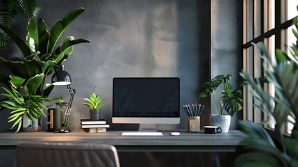 Fototapeta premium Cozy home office interior with computer, plants, and concrete wall, creating a minimalist and stylish workspace for work and creative endeavors