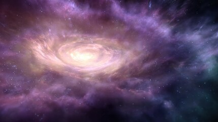 Vibrant cosmic swirl of blue and white nebula with brilliant light at the center, surrounded by countless stars in deep space