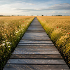 Obraz premium Wooden walkway through a golden wheat field with wildflowers and poppies.