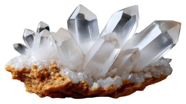 Shimmering Crystal Cluster: An elegant cluster of transparent crystals, reflecting the light with stunning clarity, sitting atop a textured mineral base. Experience the raw beauty of nature.