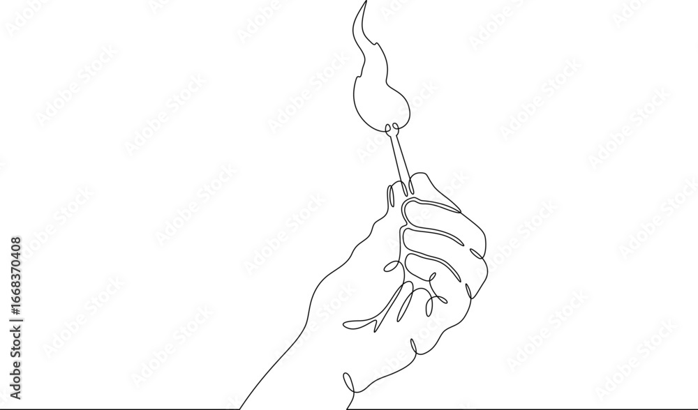 Poster continuous single line drawing hand with a lit match.linear design. one continuous line isolated min