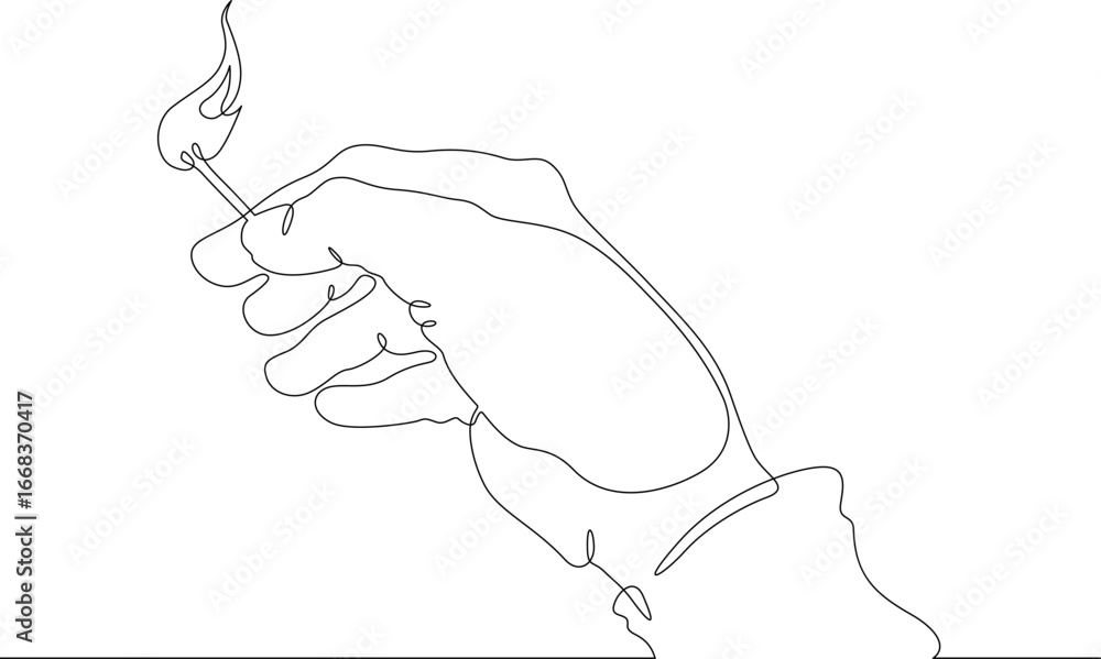 Poster continuous single line drawing hand with a lit match.linear design. one continuous line isolated min